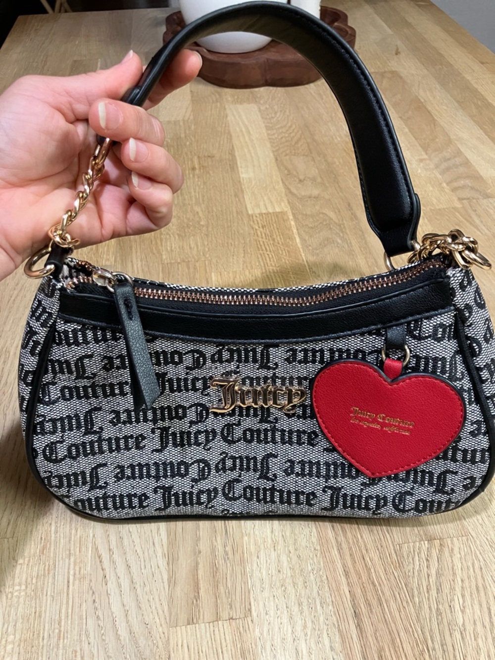 Y2k Juicy Couture black,gray with gold accents and red hearth charm shoulder bag